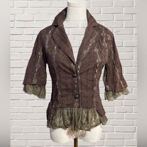 Boho Cottagecore Embroidered Cotton Jacket Brown Ruffle Hem Gypsy Lagenlook L